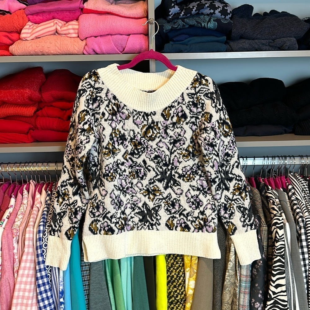 Loft thick ecru with flowers print thick long sleeve sweater size XS